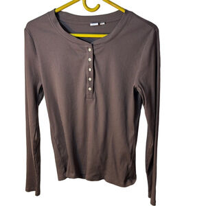 Gap Ribbed Henley Long-Sleeve Top Brown Size Medium